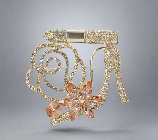 HIGH HEEL LIPSTICK FLOWER BROOCH GOLD PEACH