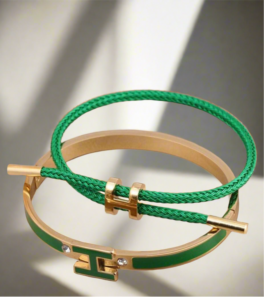 2pcs H-Shape
Buckle Hard Cord Bracelet and Bangle Set, Green