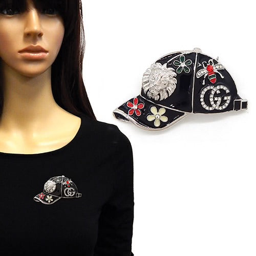 Lion Head Cap Brooch, Silver/Black