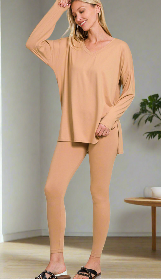 V-Neck Long Sleeve 2Pieces Set, Brush