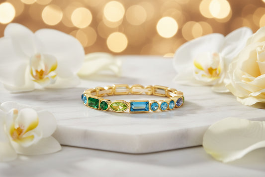 Blue Green Mix Cut Rhinestone Stretch Bangle Bracelet