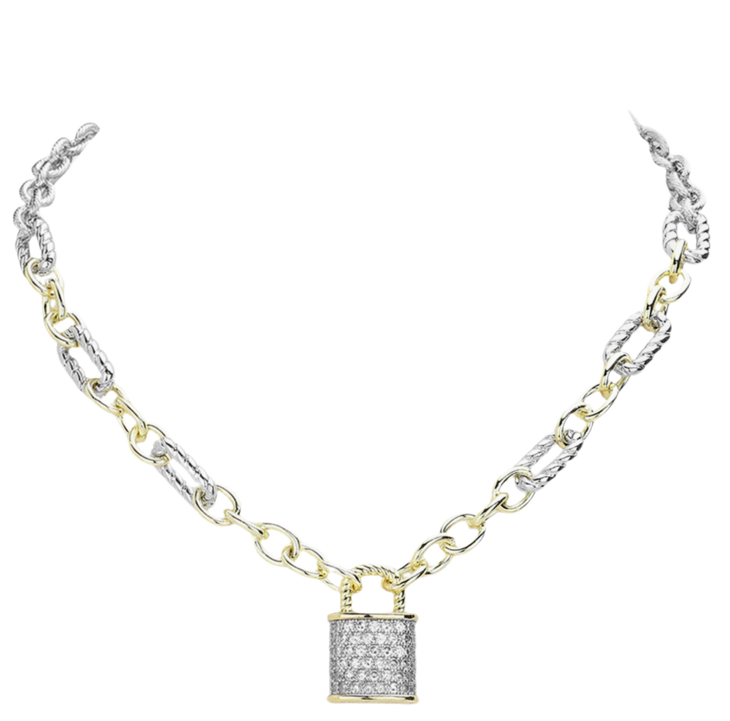 CZ Paved Lock Pendant Chain Necklace