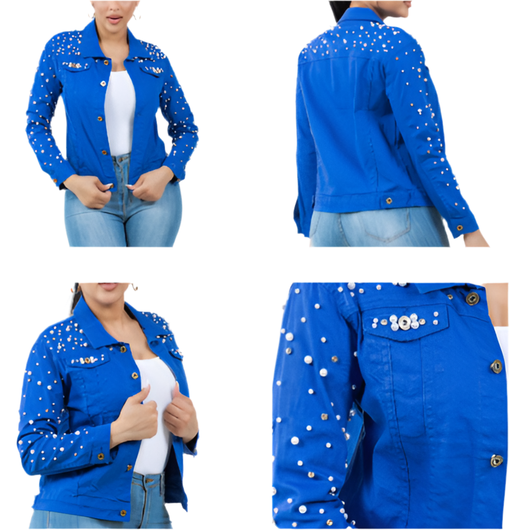 Royal Blue Denim Jacket with Studded Pearl and Bling Crystals 4xl