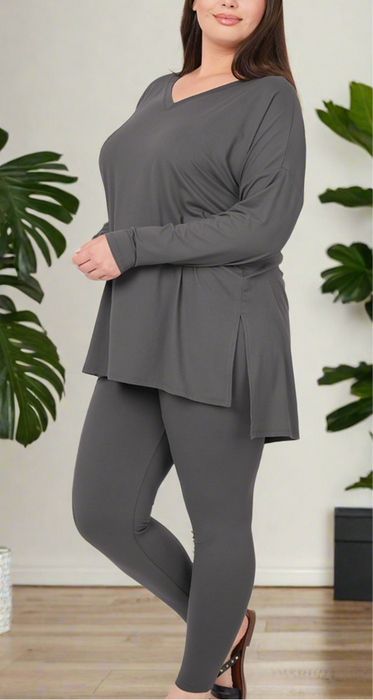 V-Neck Long Sleeve 2 Pieces Set, Ash Grey