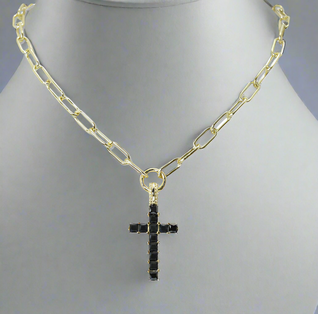 CUBIC ZIRCONIA BLACK CROSS PENDANT NECKLACE