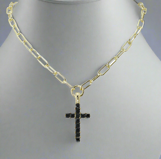 CUBIC ZIRCONIA BLACK CROSS PENDANT NECKLACE