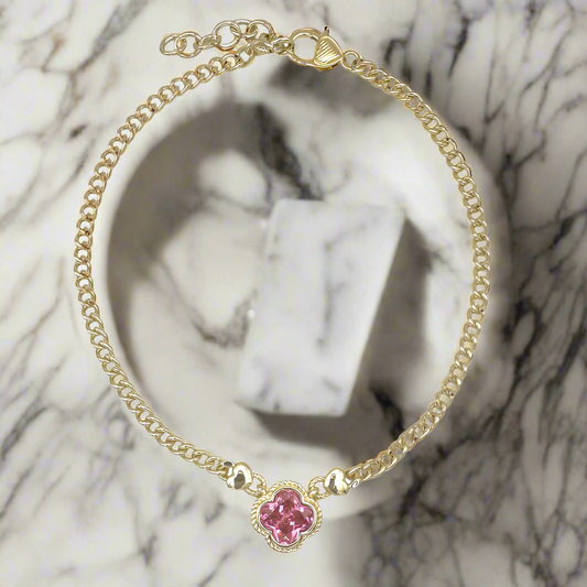 Pink Cubic Zirconia Clover Necklace 14K Plated