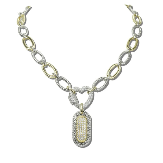 14K Gold and Rhodium Plated Heart Tag CZ Stone Necklace