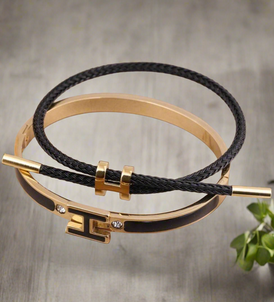 2pcs H-Shape
Buckle Hard Cord Bracelet and Bangle Set, Black