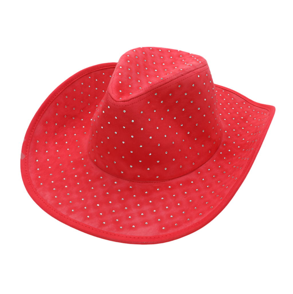 Faux Suede Cowboy Fedora Hat with Rhinestones, Red