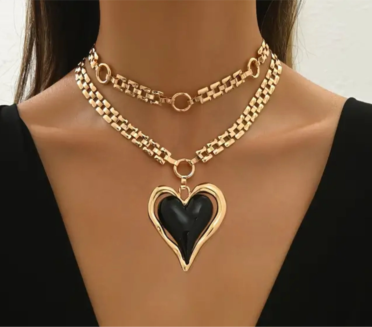 Double Chain Layered Necklace Black Heart Pendant, Gold Yellow