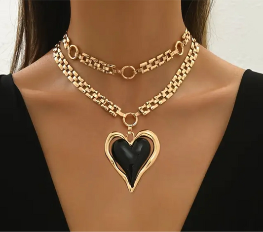Double Chain Layered Necklace Black Heart Pendant, Gold Yellow