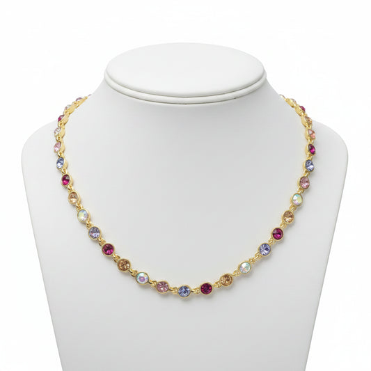 Iridescent Rhinestone Link Necklace, Pink Mix