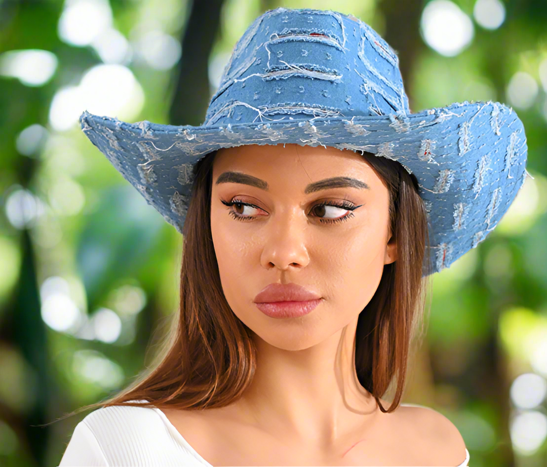 Distressed Denim Cowboy Hat, Vintage Style