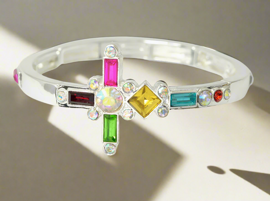 CROSS STRETCH BRACELET MULTI RHINESTONES, SILVER