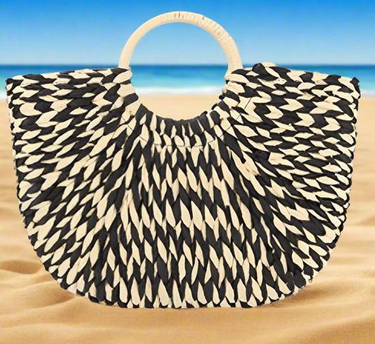 Straw Basket Beach Tote Bag - Black