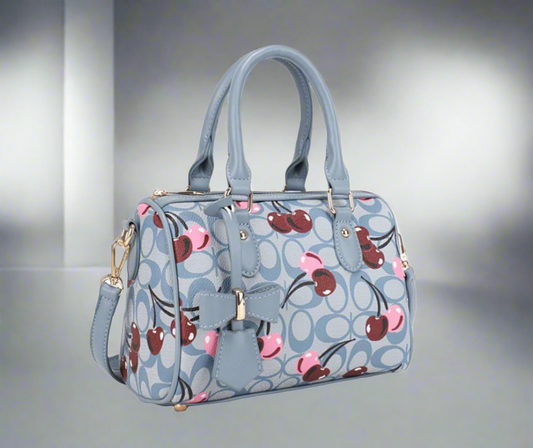 Cherry Print Handbag, Blue