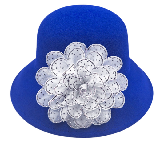 Felt Bucket Hat with Bling Studded Flower- Blue