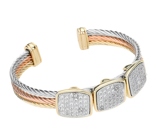 Three Tone Triple CZ Stone Square Cuff Bracelet