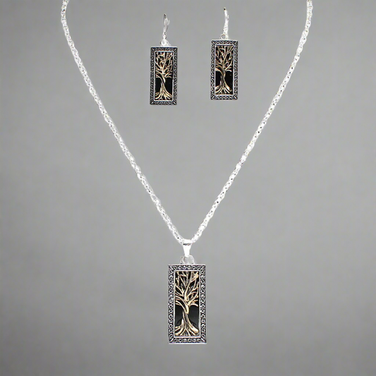 Life Tree Rectangle Pendant and Earrings Set, Gold