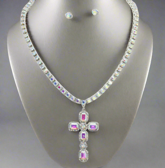 Rhinestone Cross Pendant Necklace, Silver/AB