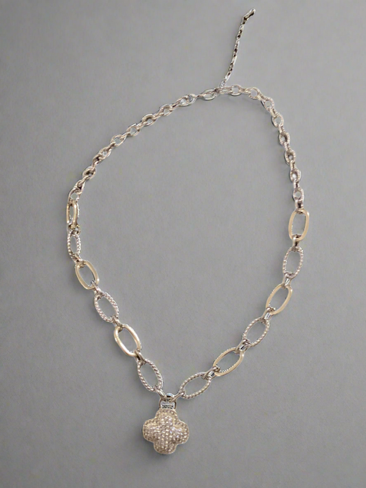 14K Gold Plated Cubic Zirconia Clover Pendant Chain Necklace