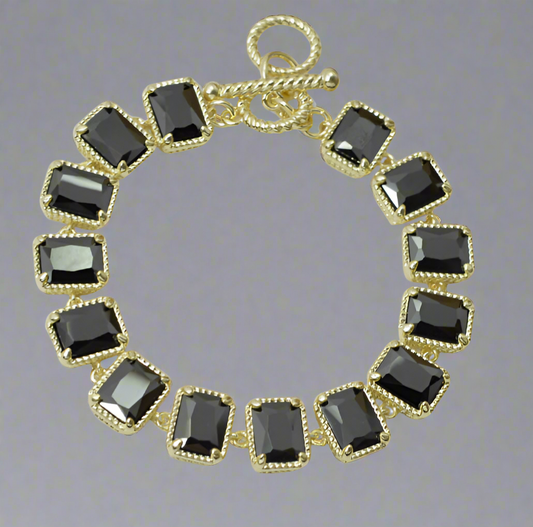 14K GOLD PLATED RECTANGLE CUBIC ZIRCONIA TOGGLE BRACELET, BLACK