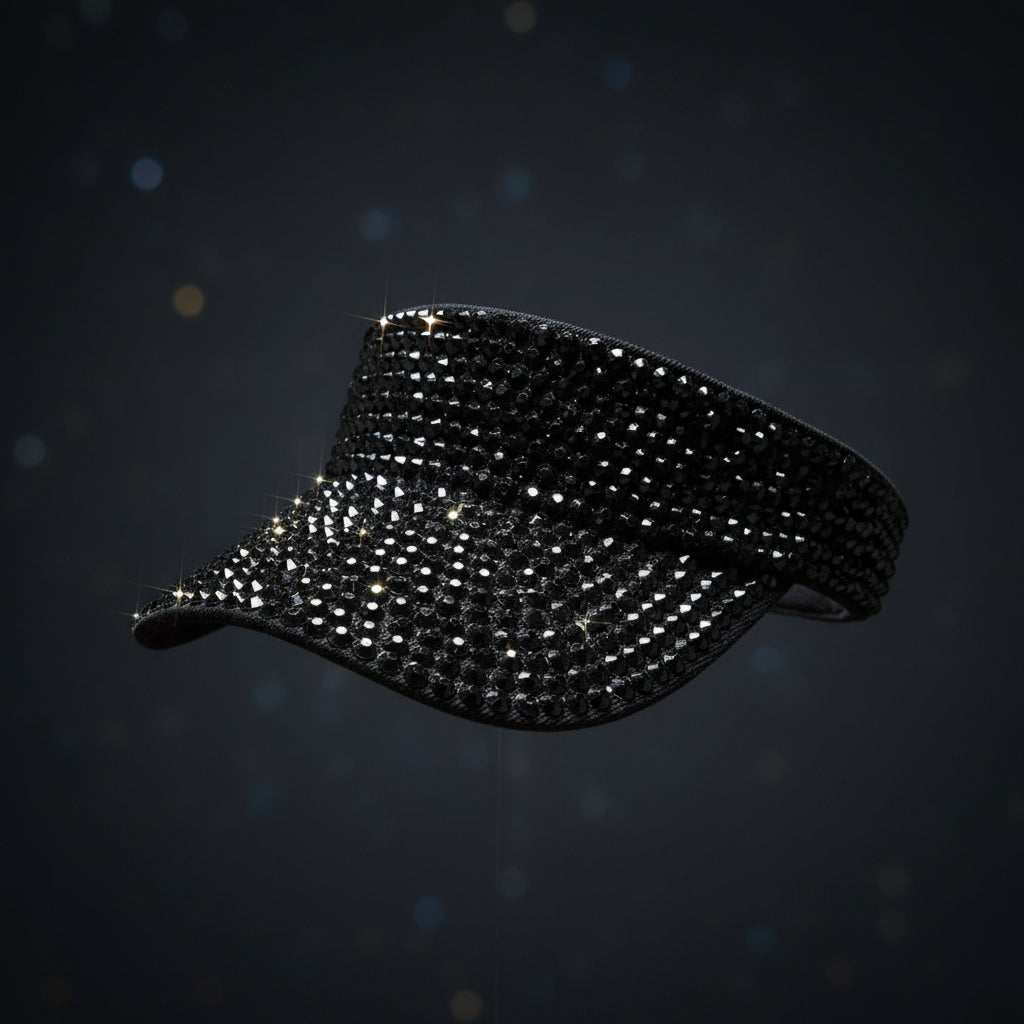Shiny Black Rhinestone Visor Hat