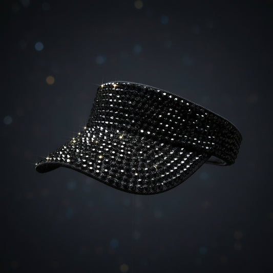 Shiny Black Rhinestone Visor Hat