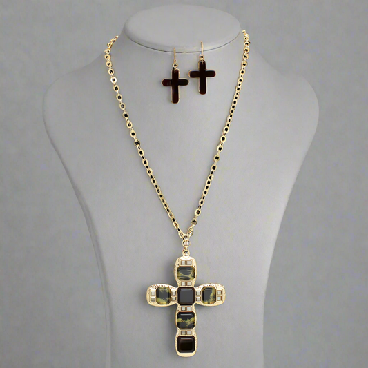 Gold Camo Cross Pendant Long Chain Necklace