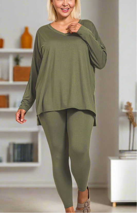 C-Neck Long Sleeve 2 Pieces Set, Dark Olive