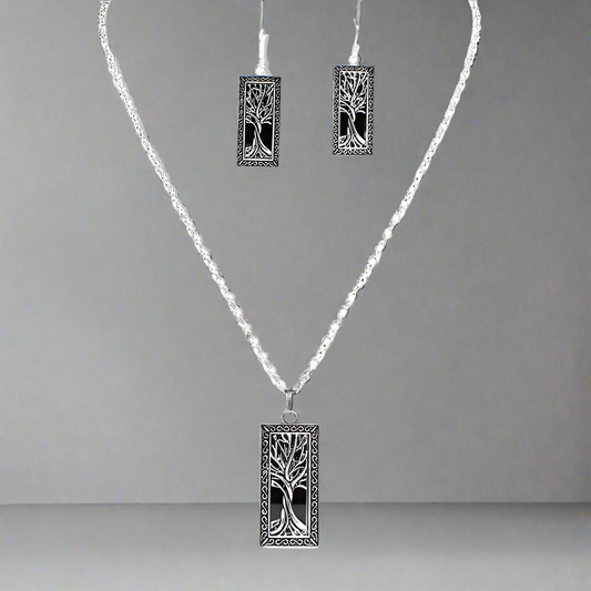 Life Tree Rectangle Pendant and Earrings Set, Silver