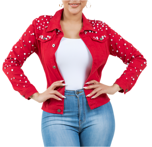 Red Denim Jacket with Studded Pearl and Bling Crystals 2xl/3xl