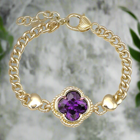 14K Gold Plated Clover Bracelet Purple Cubic Zirconia