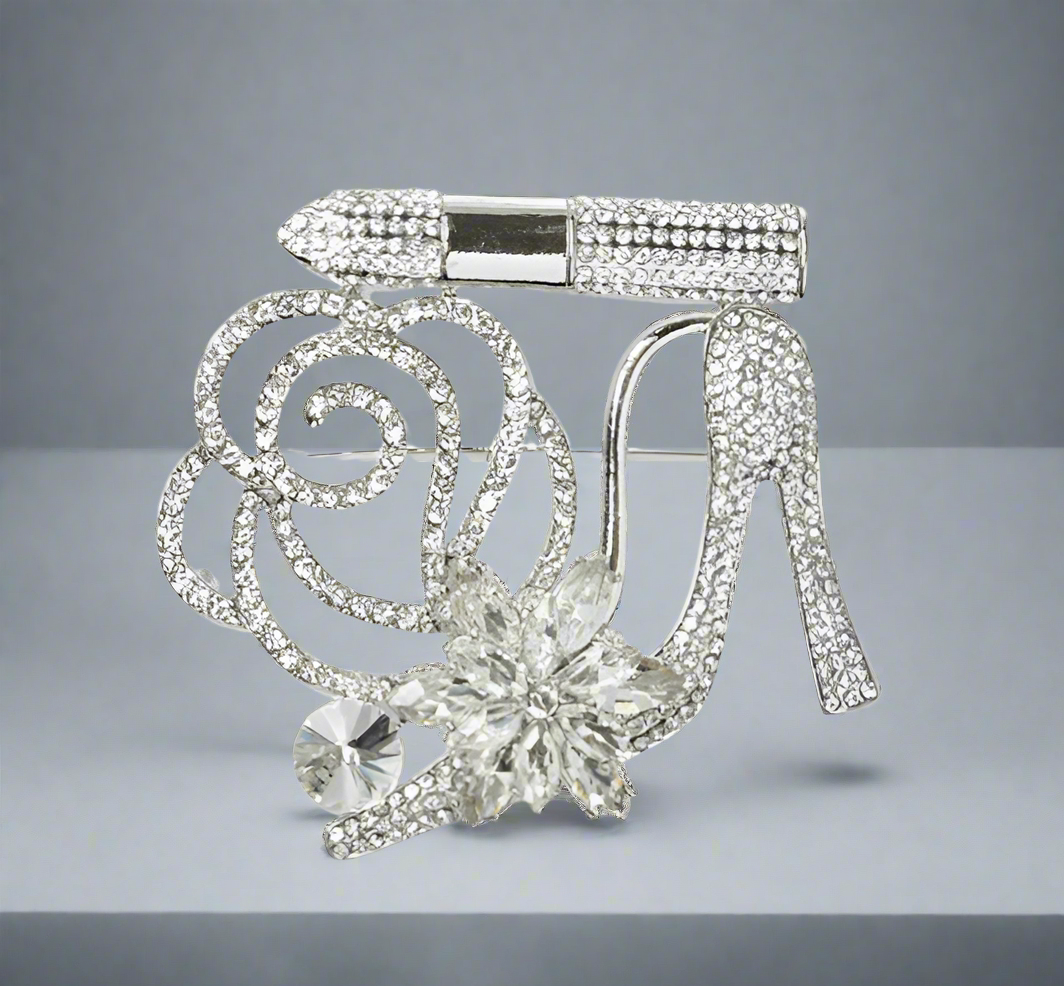HIGH HEEL LIPSTICK FLOWER BROOCH SILVER CLEAR