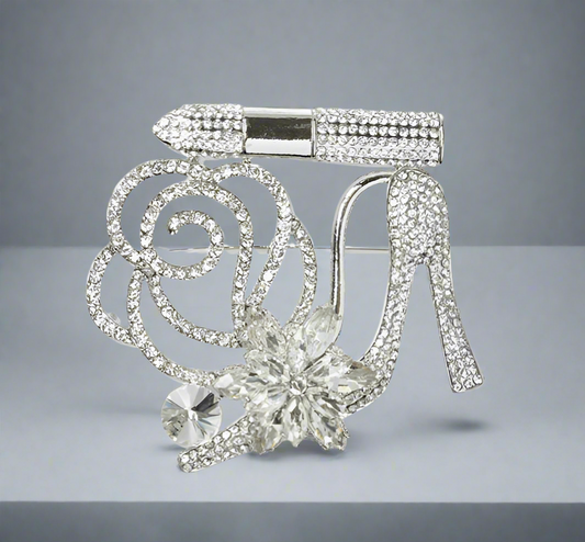 HIGH HEEL LIPSTICK FLOWER BROOCH SILVER CLEAR