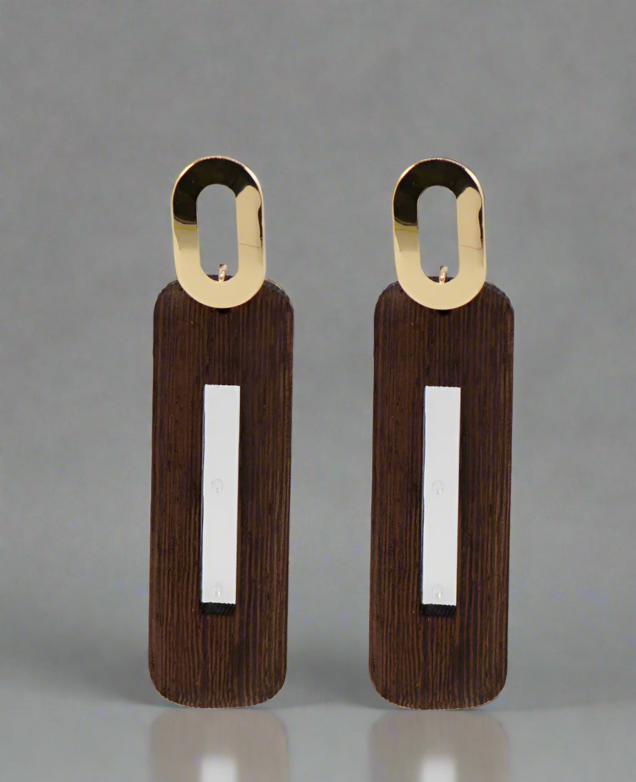 GOLD BROWN RECTANGLE WOOD EARRINGS