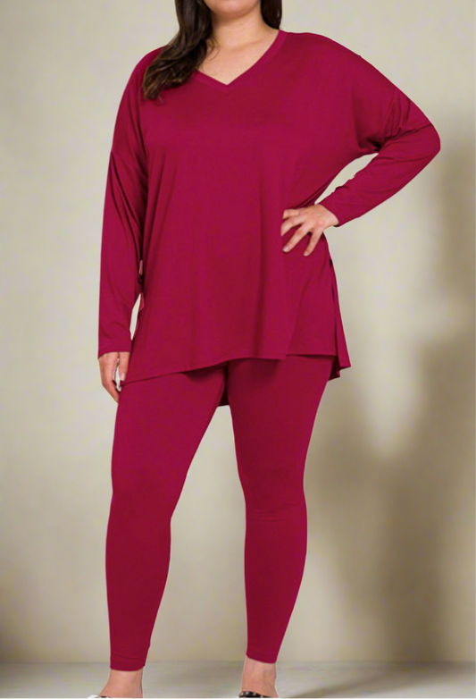 V-Neck Long Sleeve 2 Pieces Set - Cabernet