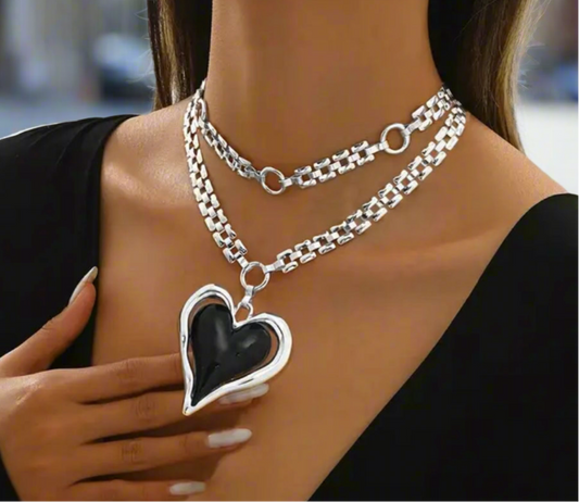 Double Chain Layered Black Heart Pendant, Silver