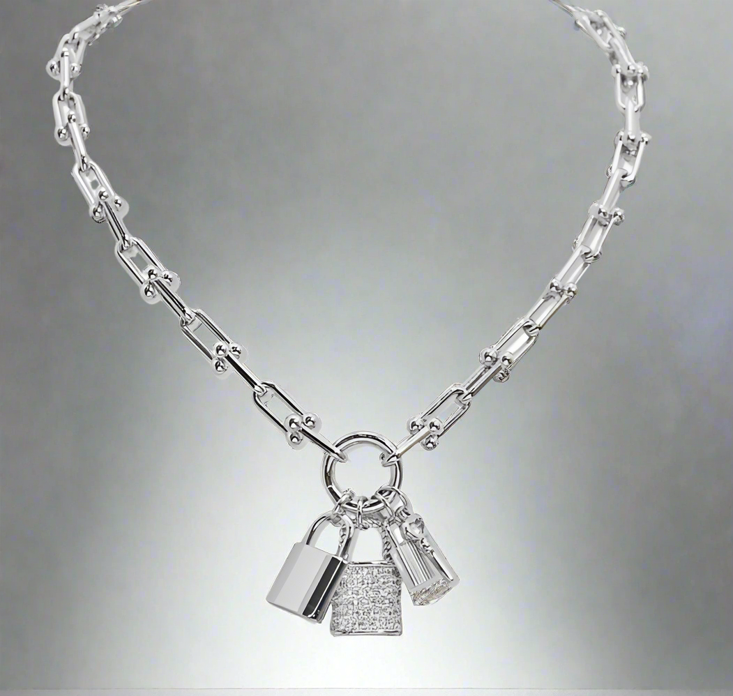Charm Lock Necklace with Cubic Zirconia Accent, Rhodium Plated