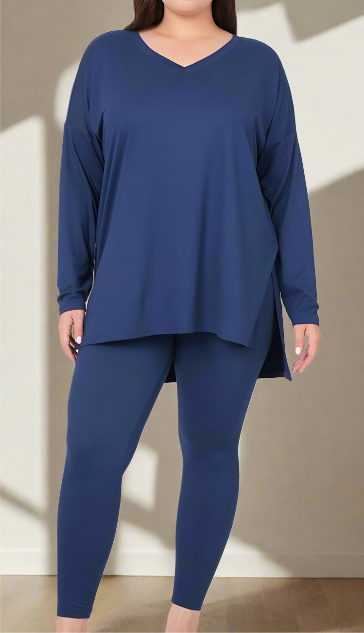 V-Neck Long Sleeve 2 Pieces Set - Blue