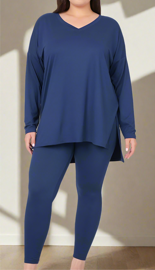 V-Neck Long Sleeve 2 Pieces Set - Blue