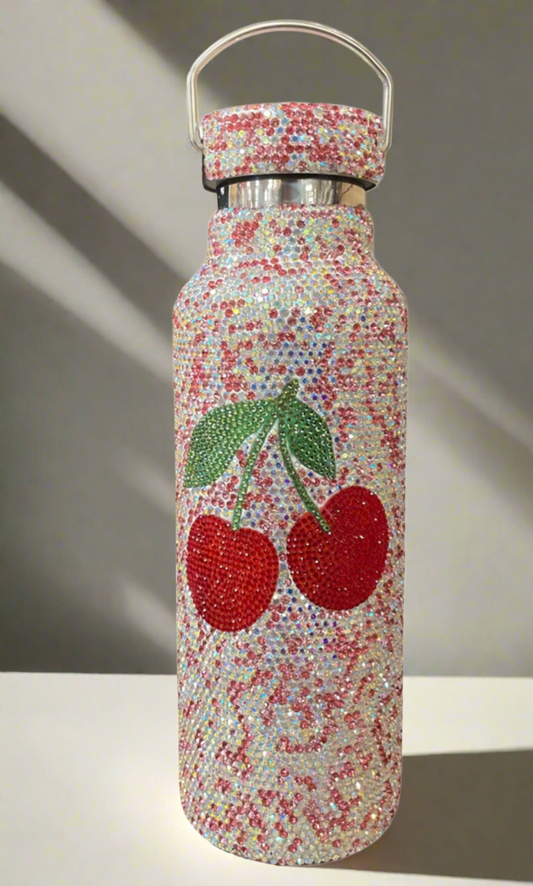 Cherry Sports Bottle With Pink Rhinestones