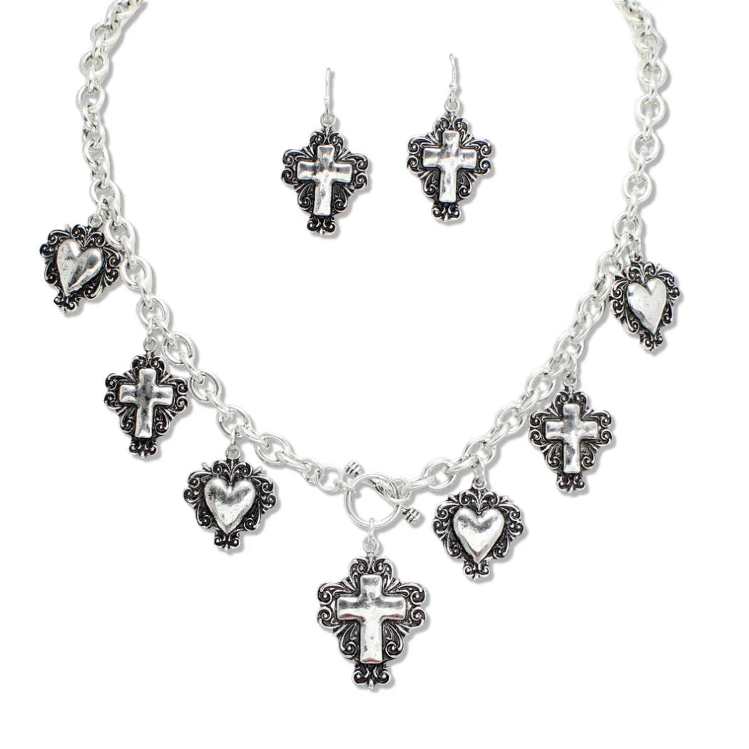 SILVER CROSS HEART FILIGREE MULTI CHARM NECKLACE, WESTERN STYLE