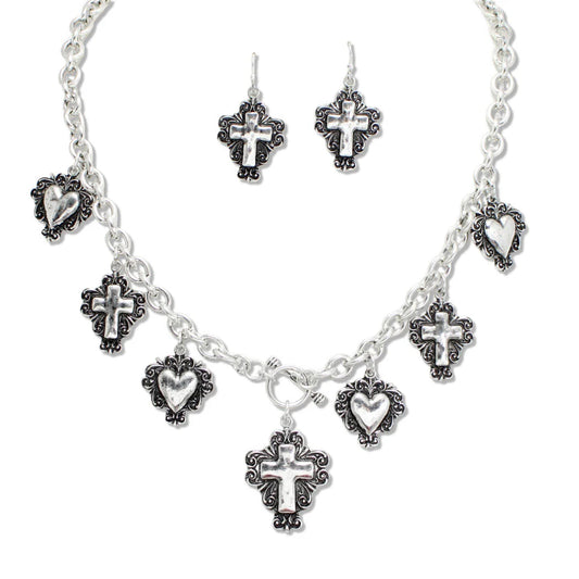 SILVER CROSS HEART FILIGREE MULTI CHARM NECKLACE, WESTERN STYLE