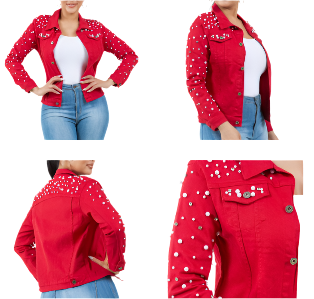 Red Denim Jacket with Studded Pearl and Bling Crystals 2xl/3xl