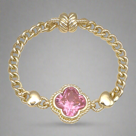 14K GOLD PLATED CLOVER BRACELET PINK CUBIC ZIRCONIA