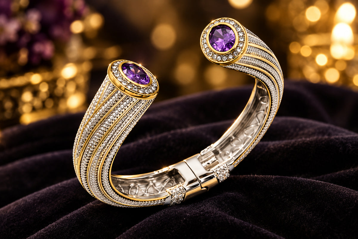 14K Gold Plated Purple Stone Open Cuff Bangle