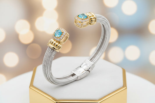 14K Gold Plated Two-Tone Textured Cuff Bangle, Ocean