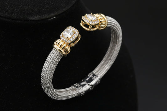 14K Gold Plated Two-Tone Textured Cuff Bracelet, Clear